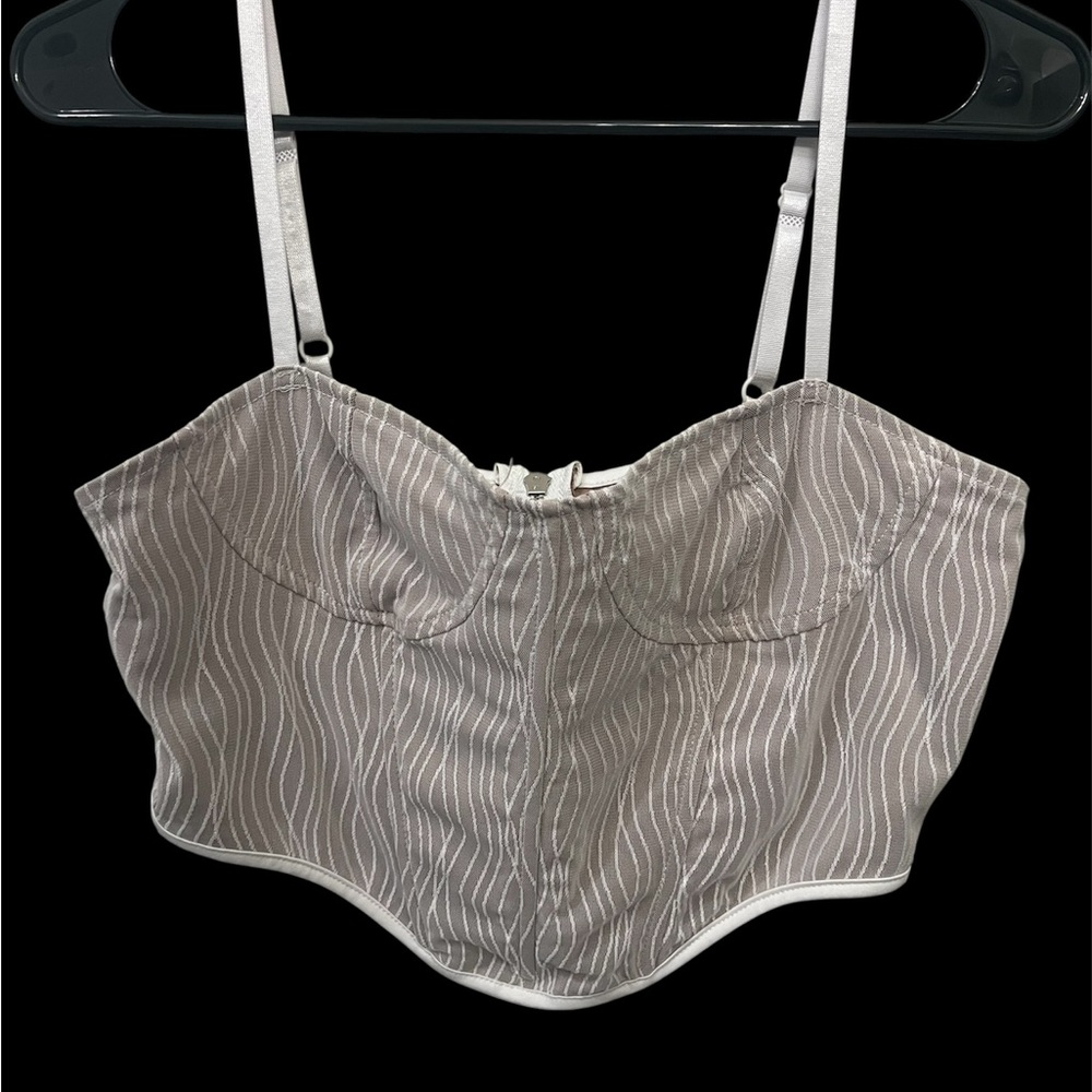Sheer Beige Mesh Corset Top Zip Front Adjustable Straps